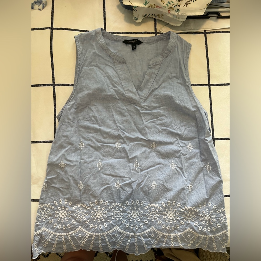 Light blue top with white embroidery by Banana Republic.